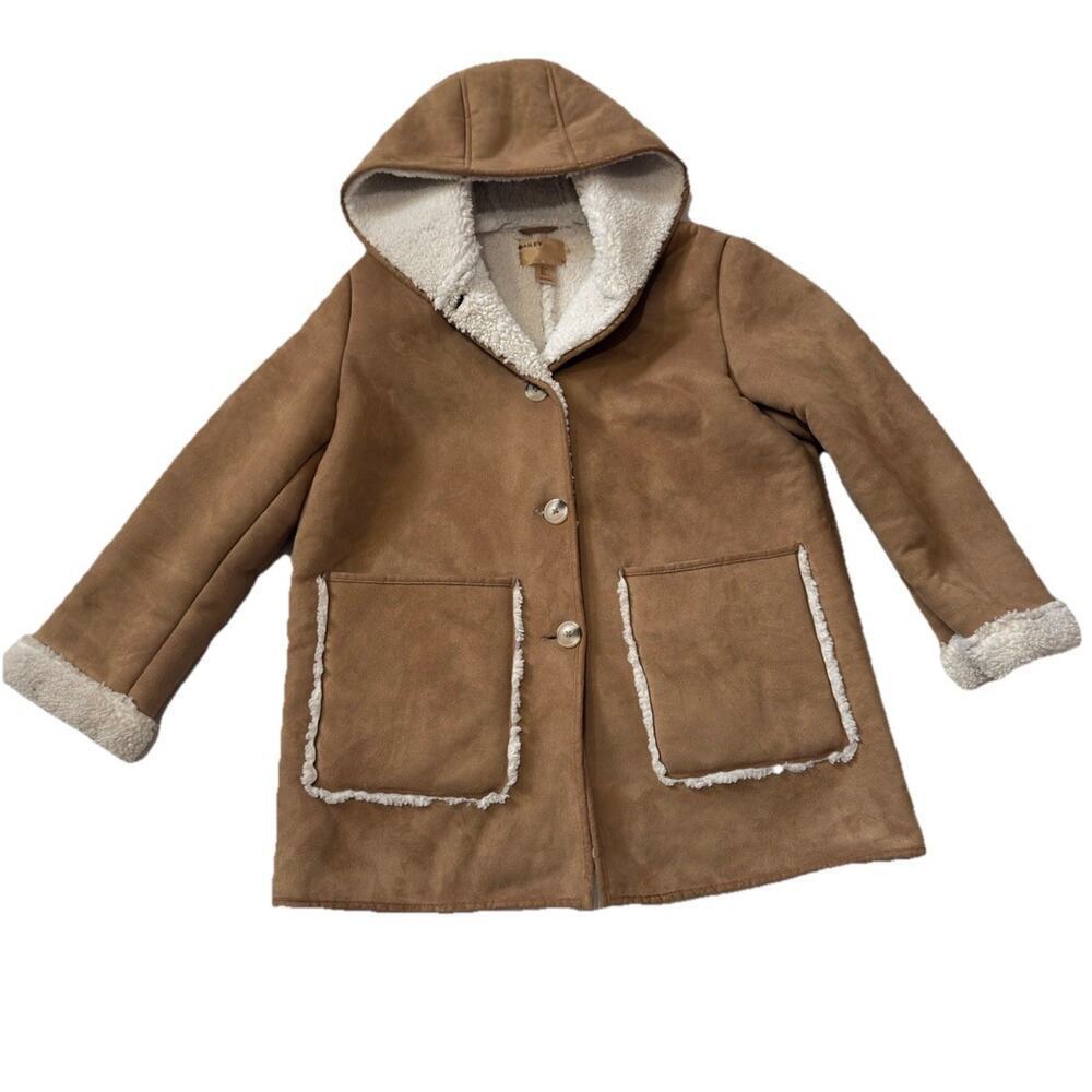 Bailey 44 Women's Vegan Shearling Suede Hooded Jacket Coat Sherpa Lined Tan L